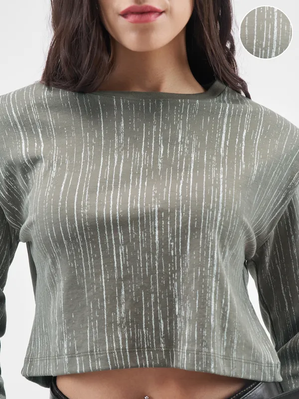 Tokyo Talkies Women Olive Printed Round Neck T-Shirt