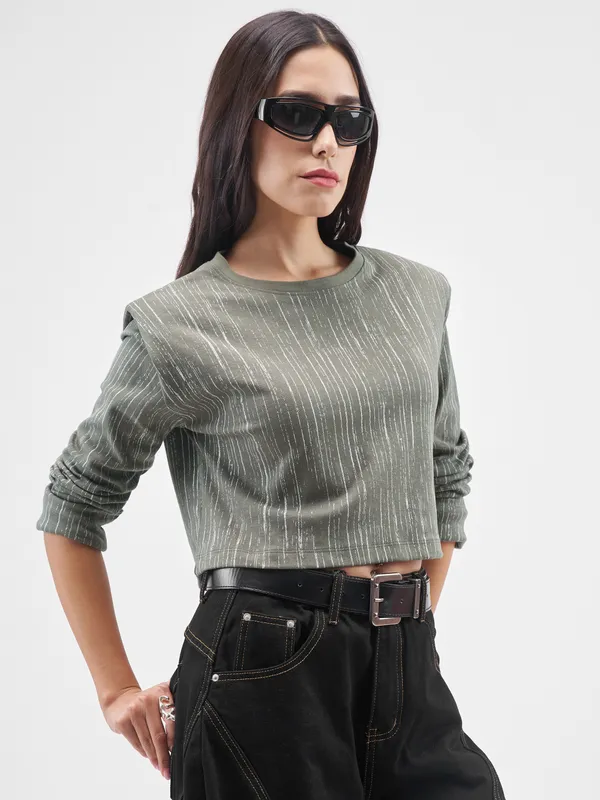 Tokyo Talkies Women Olive Printed Round Neck T-Shirt