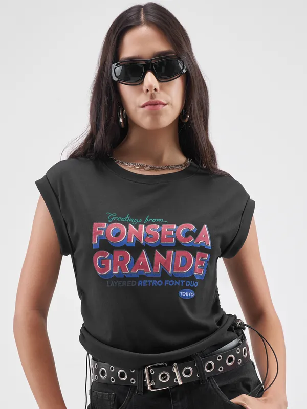 Street By Tokyo Talkies Women Black Printed Round Neck T-Shirt