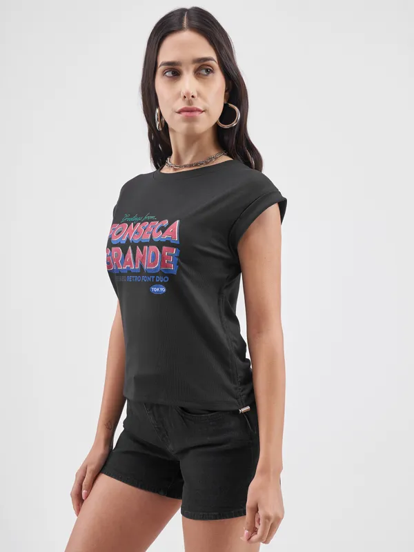 Street By Tokyo Talkies Women Black Printed Round Neck T-Shirt