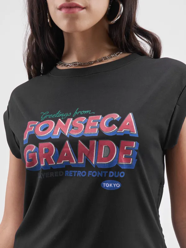 Street By Tokyo Talkies Women Black Printed Round Neck T-Shirt