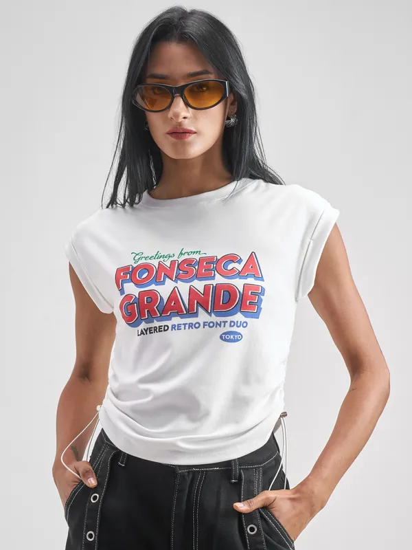 Tokyo Talkies Women White Printed Round Neck T-Shirt