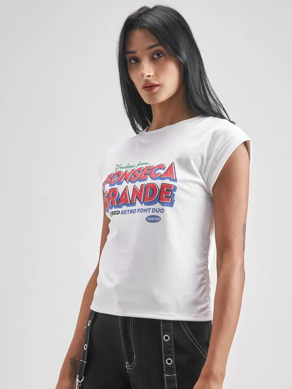 Tokyo Talkies Women White Printed Round Neck T-Shirt