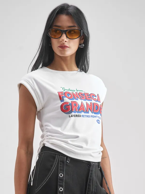 Tokyo Talkies Women White Printed Round Neck T-Shirt