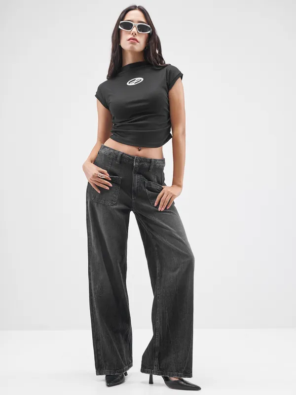 Street By Tokyo Talkies Women Black Printed High Neck T-Shirt