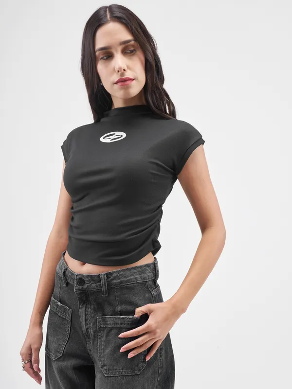 Street By Tokyo Talkies Women Black Printed High Neck T-Shirt