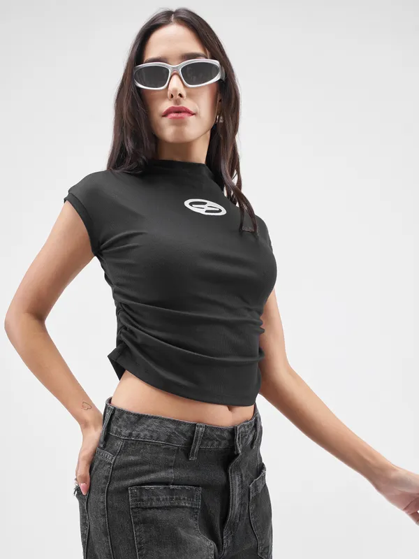Street By Tokyo Talkies Women Black Printed High Neck T-Shirt