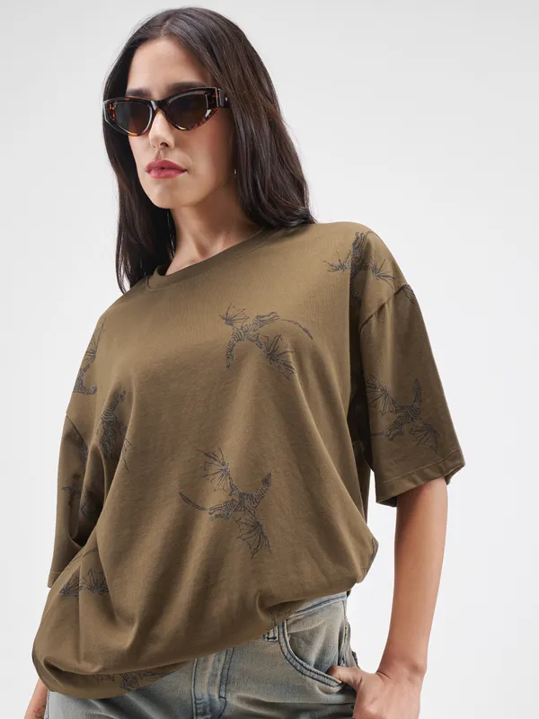 Street By Tokyo Talkies Women Brown Printed Round Neck Oversized Fit T-Shirt