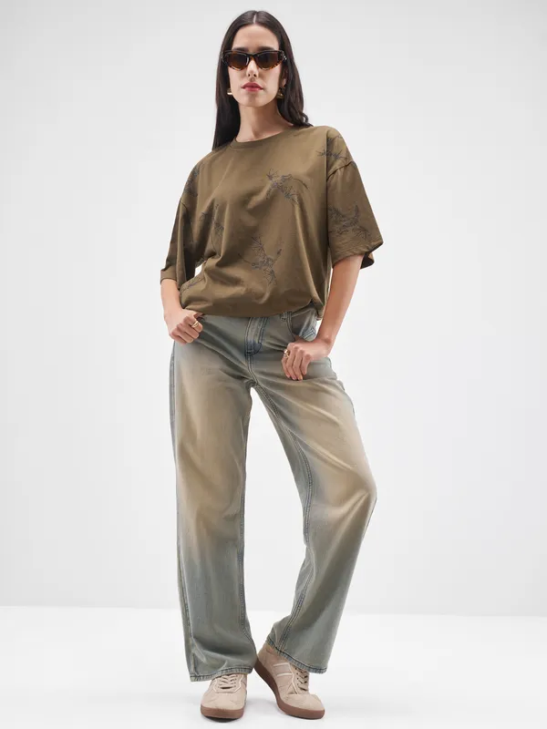 Street By Tokyo Talkies Women Brown Printed Round Neck Oversized Fit T-Shirt