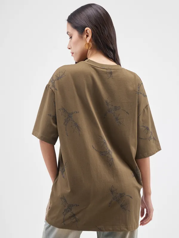 Street By Tokyo Talkies Women Brown Printed Round Neck Oversized Fit T-Shirt
