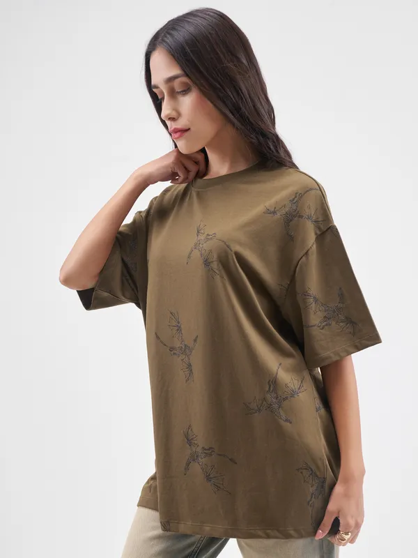 Street By Tokyo Talkies Women Brown Printed Round Neck Oversized Fit T-Shirt
