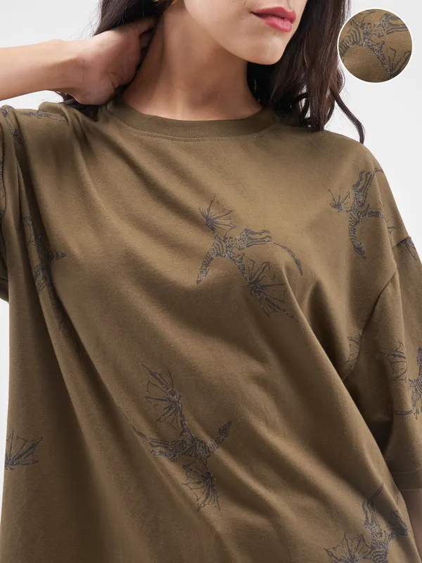 Street By Tokyo Talkies Women Brown Printed Round Neck Oversized Fit T-Shirt