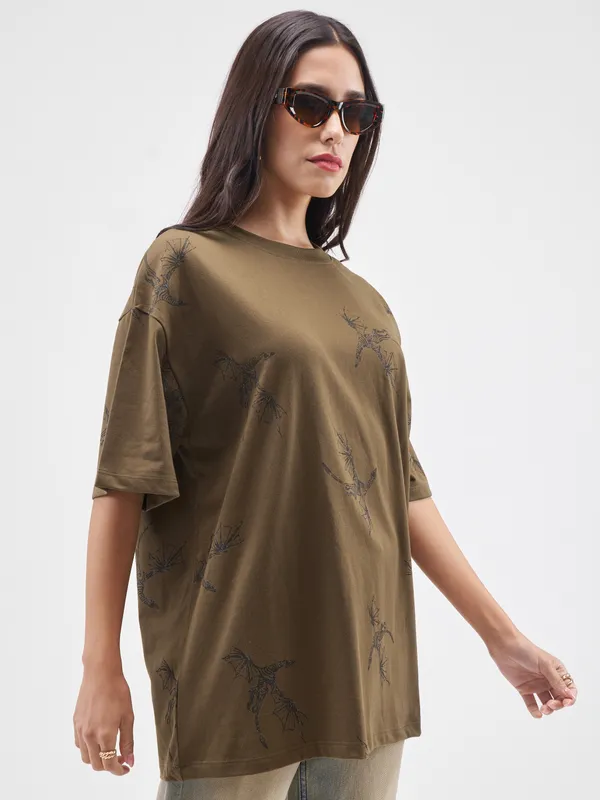 Street By Tokyo Talkies Women Brown Printed Round Neck Oversized Fit T-Shirt