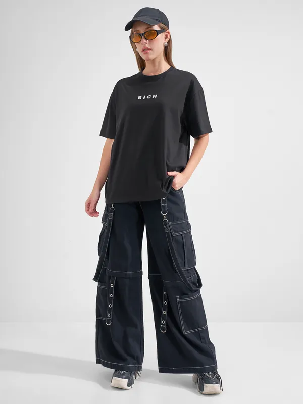 Tokyo Talkies Women Black Printed Round Neck Oversized Fit T-Shirt