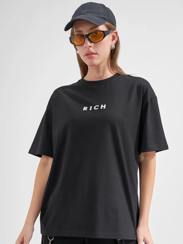 Tokyo Talkies Women Black Printed Round Neck Oversized Fit T-Shirt