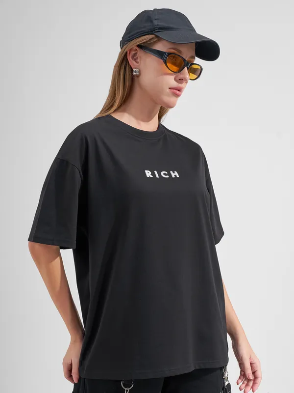 Tokyo Talkies Women Black Printed Round Neck Oversized Fit T-Shirt