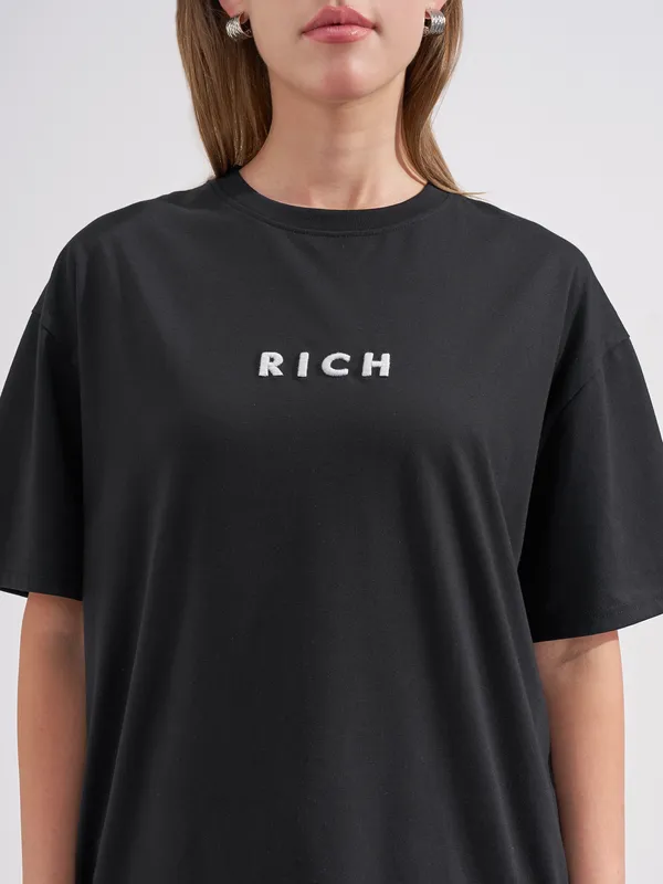 Tokyo Talkies Women Black Printed Round Neck Oversized Fit T-Shirt