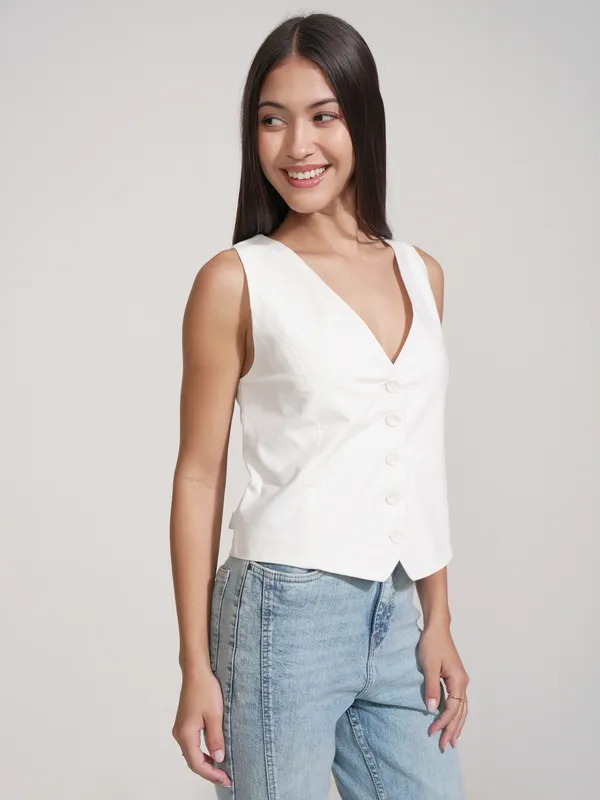 Tokyo Talkies Women White Solid Shirt Style Top