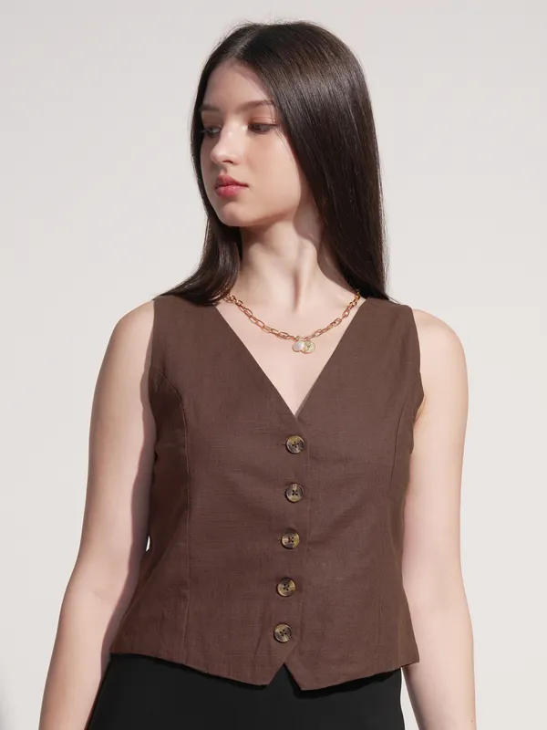 Tokyo Talkies Women Brown Solid Regular Fit Top