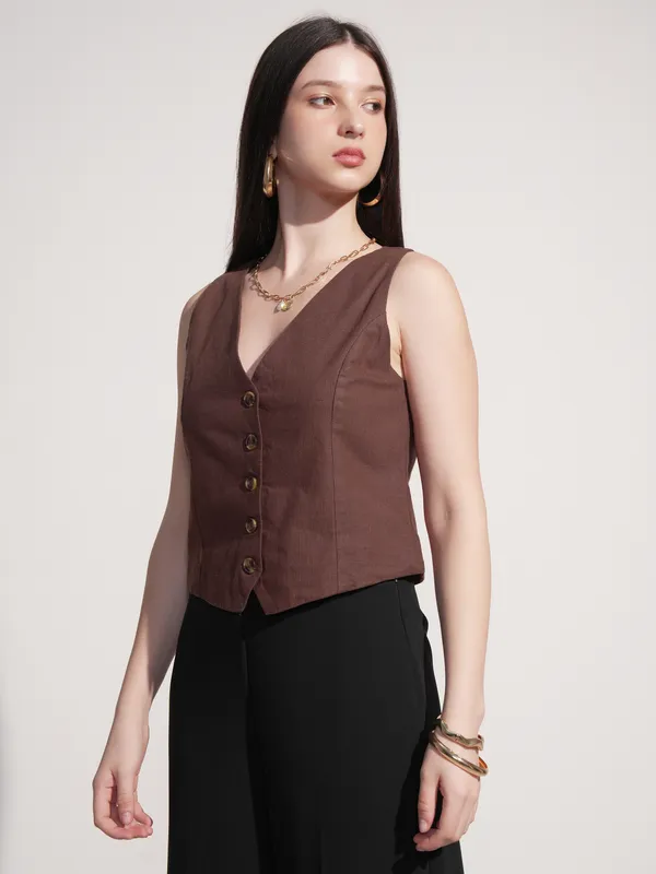 Tokyo Talkies Women Brown Solid Regular Fit Top