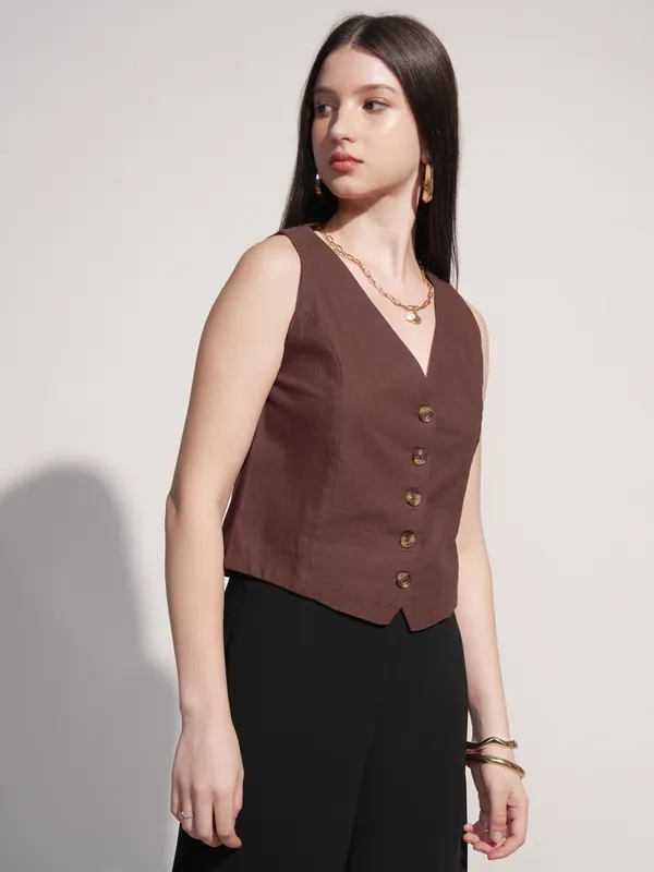 Tokyo Talkies Women Brown Solid Regular Fit Top