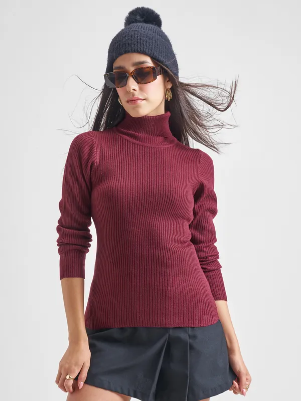  Tokyo Talkies Women Burgundy Turtle Neck Sweaters