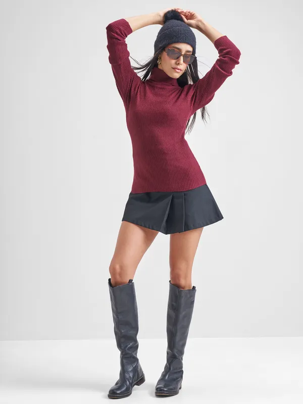 Tokyo Talkies Women Burgundy Turtle Neck Sweaters