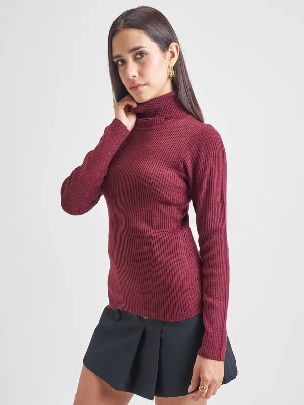  Tokyo Talkies Women Burgundy Turtle Neck Sweaters