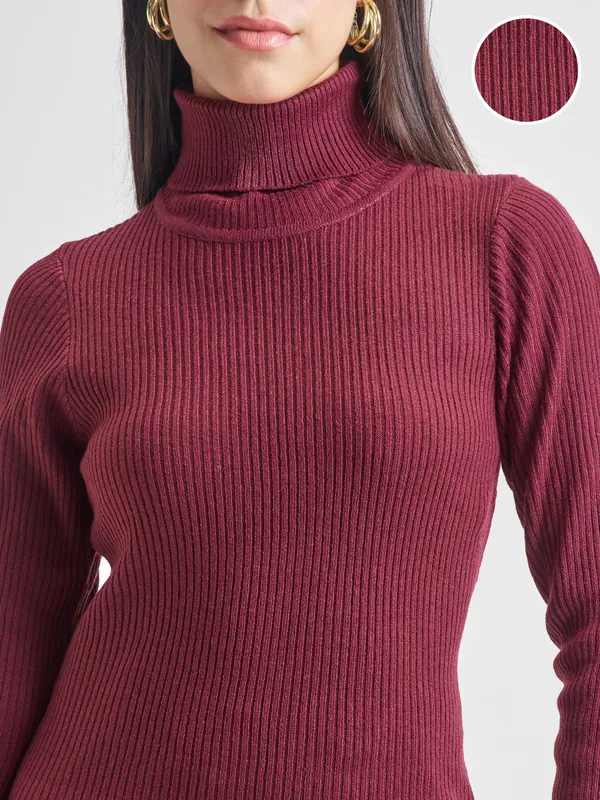  Tokyo Talkies Women Burgundy Turtle Neck Sweaters