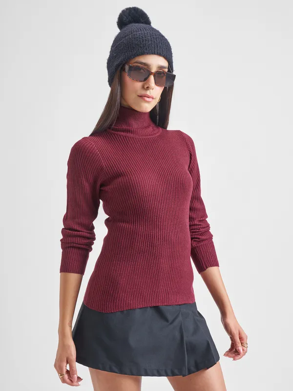  Tokyo Talkies Women Burgundy Turtle Neck Sweaters