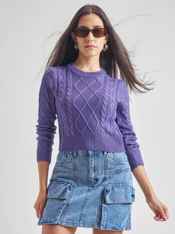  Tokyo Talkies Women Purple Round Neck Sweaters