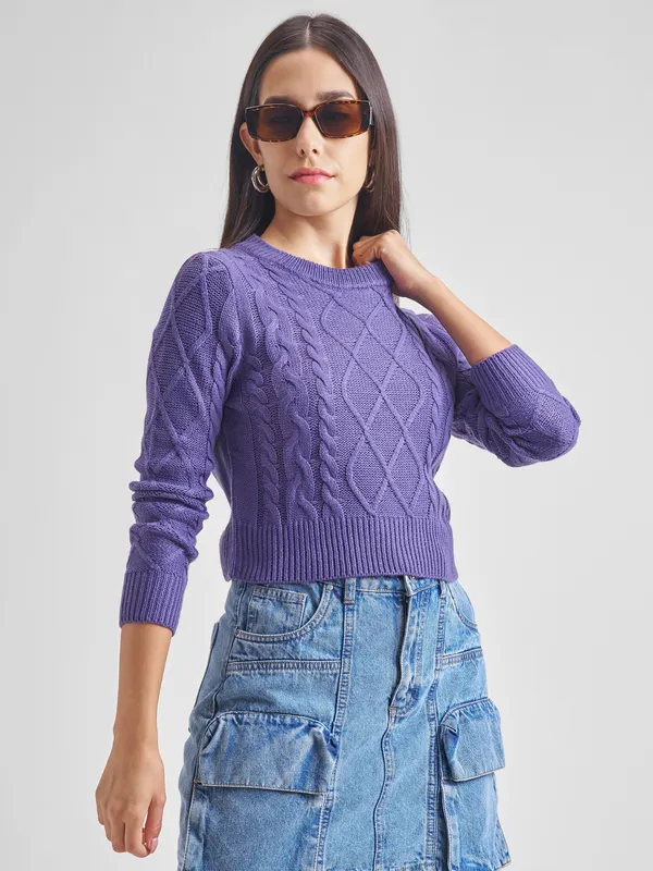  Tokyo Talkies Women Purple Round Neck Sweaters