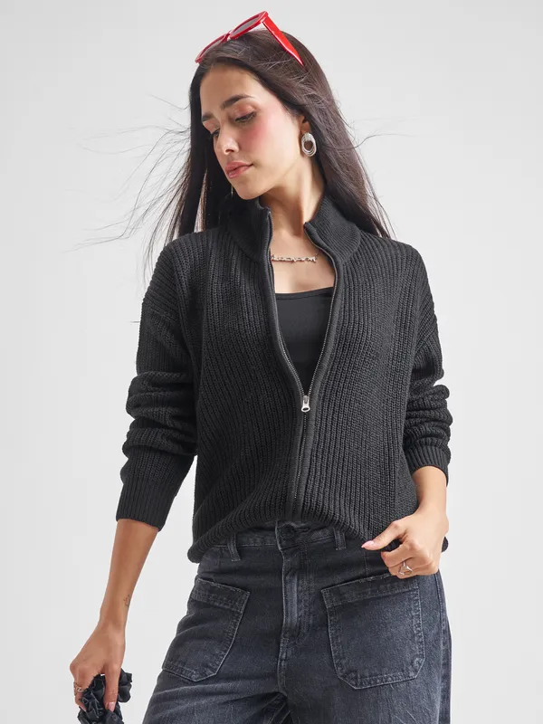  Tokyo Talkies Women Black Mock Collar Sweaters