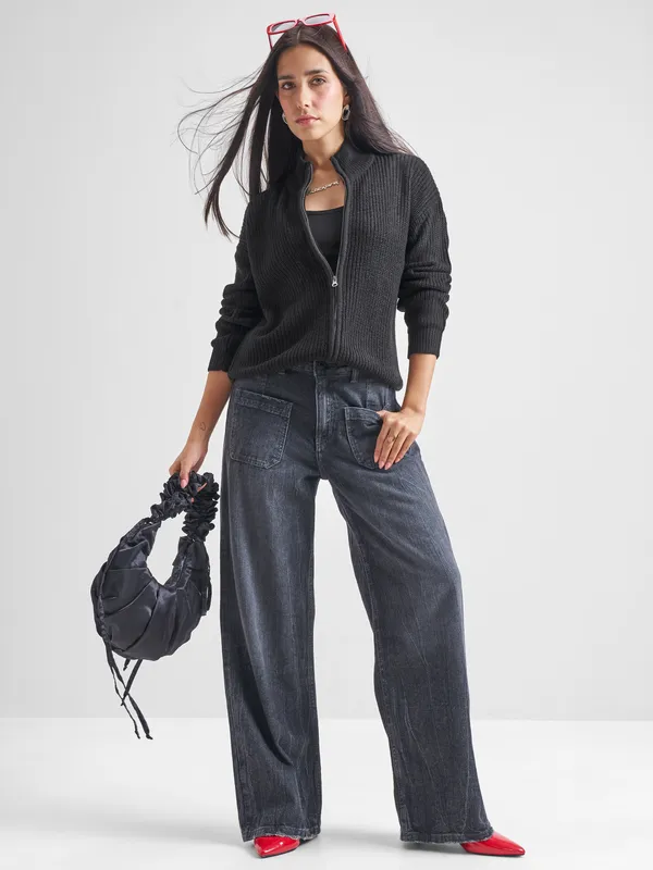  Tokyo Talkies Women Black Mock Collar Sweaters