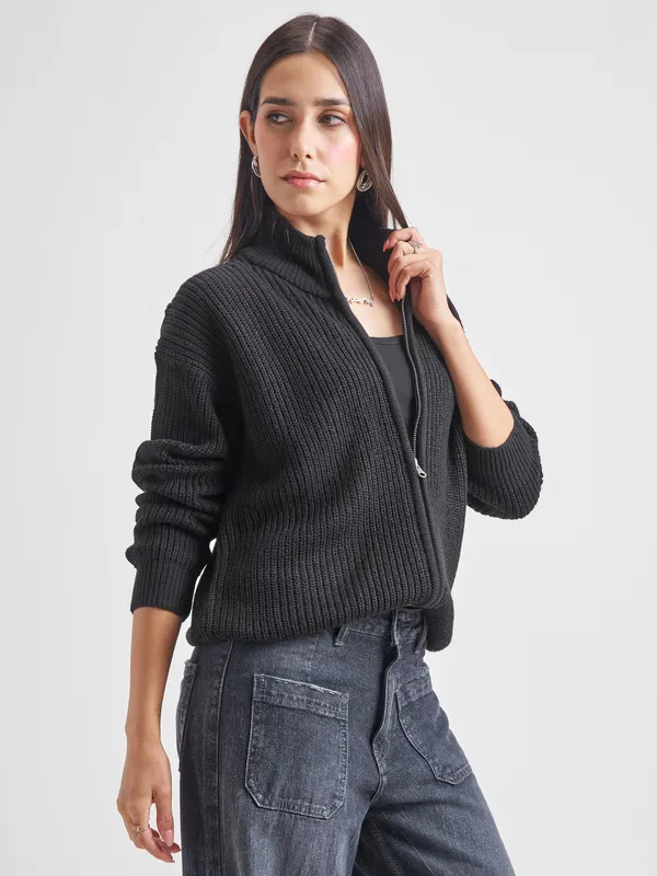  Tokyo Talkies Women Black Mock Collar Sweaters