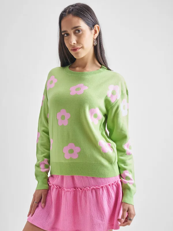  Tokyo Talkies Women Green Round Neck Sweaters