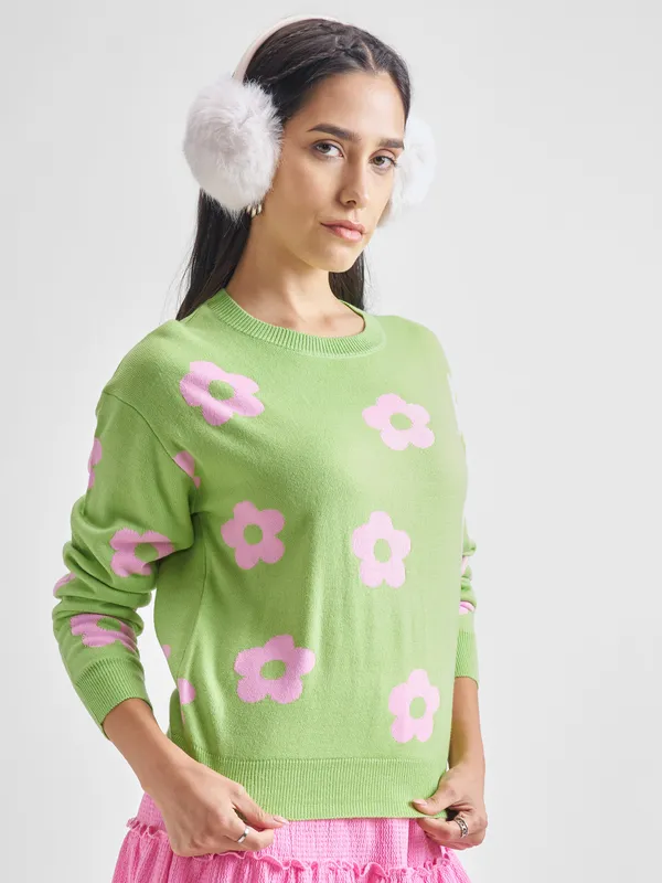  Tokyo Talkies Women Green Round Neck Sweaters