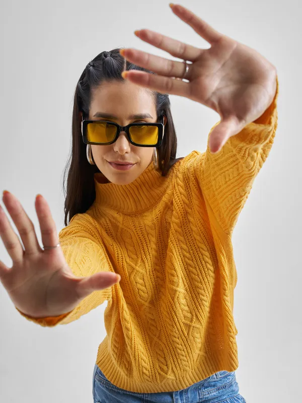 Tokyo Talkies Women Mustard High Neck Sweaters