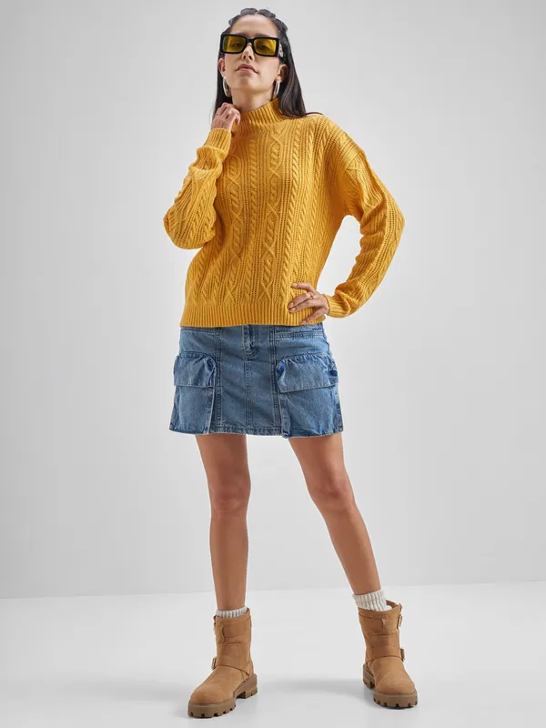 Tokyo Talkies Women Mustard High Neck Sweaters