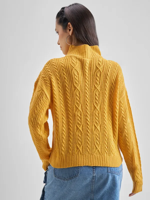 Tokyo Talkies Women Mustard High Neck Sweaters