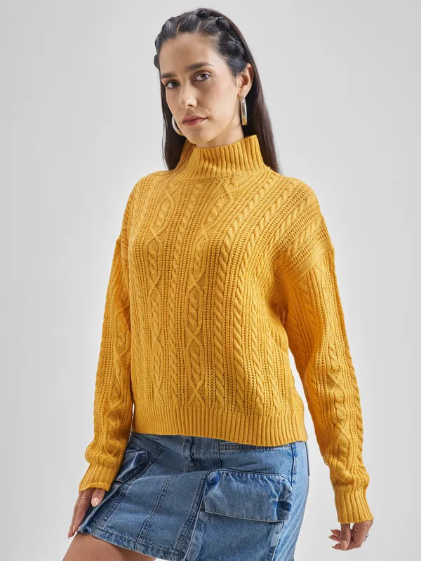 Tokyo Talkies Women Mustard High Neck Sweaters
