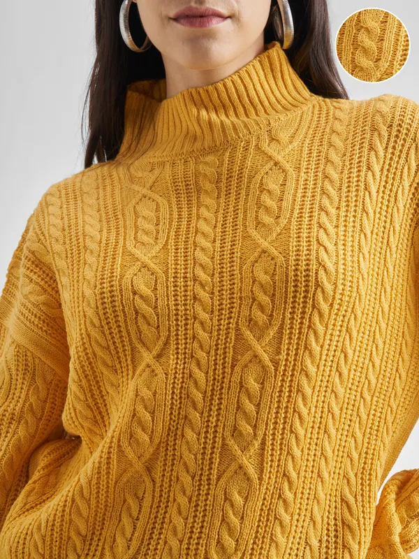Tokyo Talkies Women Mustard High Neck Sweaters