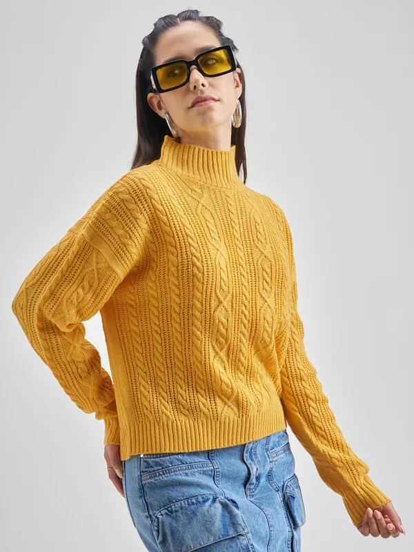 Tokyo Talkies Women Mustard High Neck Sweaters