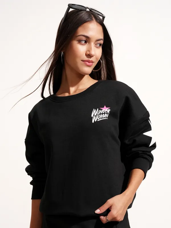 DC By Tokyo Talkies Women Black Wonder Woman Printed Pullover Round Neck Sweatshirt