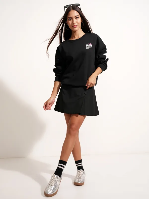 DC By Tokyo Talkies Women Black Wonder Woman Printed Pullover Round Neck Sweatshirt