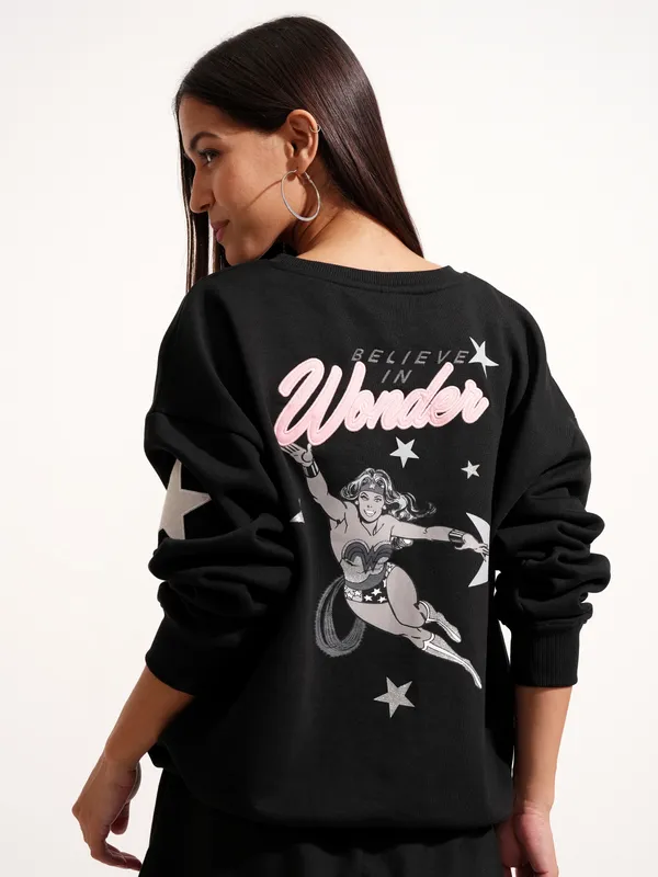 DC By Tokyo Talkies Women Black Wonder Woman Printed Pullover Round Neck Sweatshirt