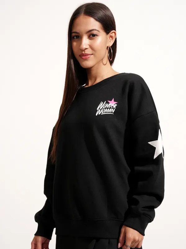 DC By Tokyo Talkies Women Black Wonder Woman Printed Pullover Round Neck Sweatshirt