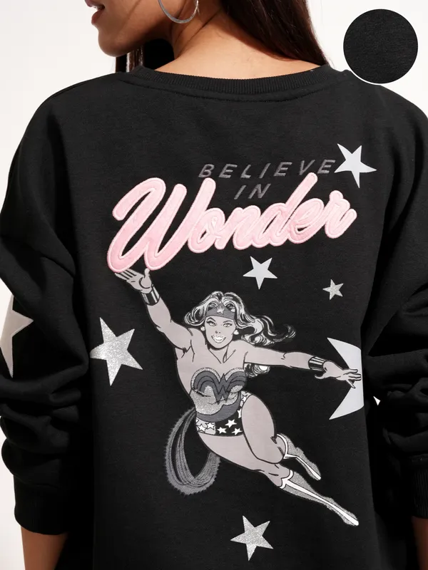 DC By Tokyo Talkies Women Black Wonder Woman Printed Pullover Round Neck Sweatshirt