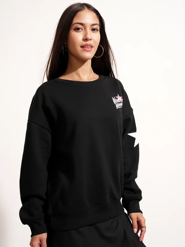 DC By Tokyo Talkies Women Black Wonder Woman Printed Pullover Round Neck Sweatshirt