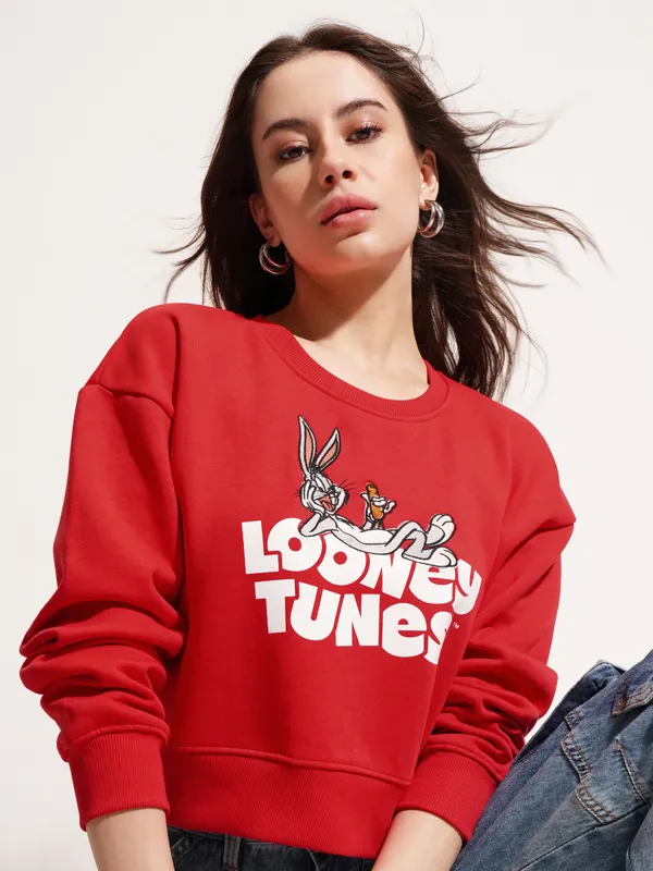WB By Tokyo Talkies Women Red Looney Tunes Printed Pullover Round Neck Sweatshirt